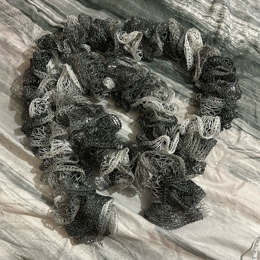 Knit Ruffled lace Scarf black gray white metallic sparkle handmade 💜💜